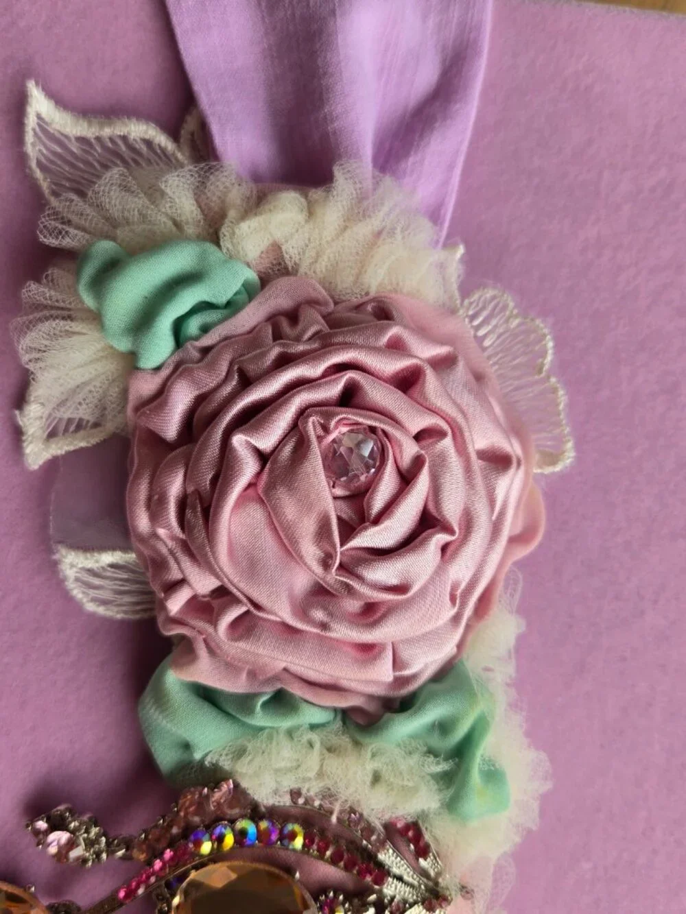 Handmade Light Pink Satin Rose and Crystal Sash Romantic Fairycore